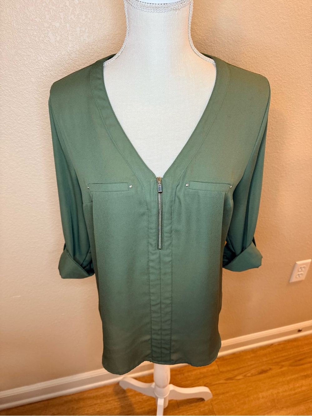 Zip-Front V-Neck Blouse in Olive Green